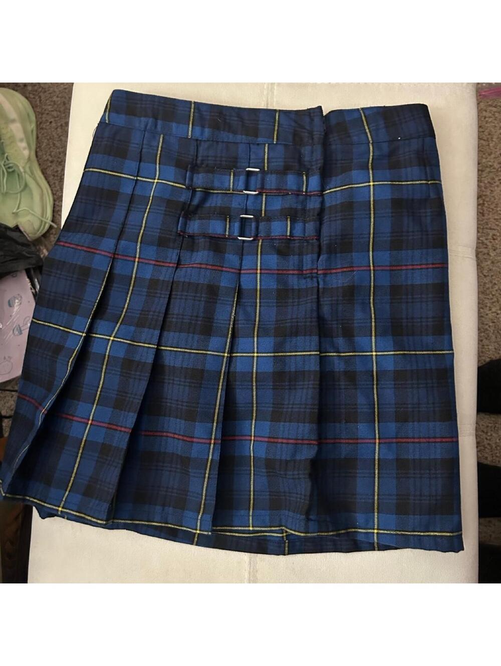 French Toast blue, black, and yellow plaid polyester mini skirt, size 10